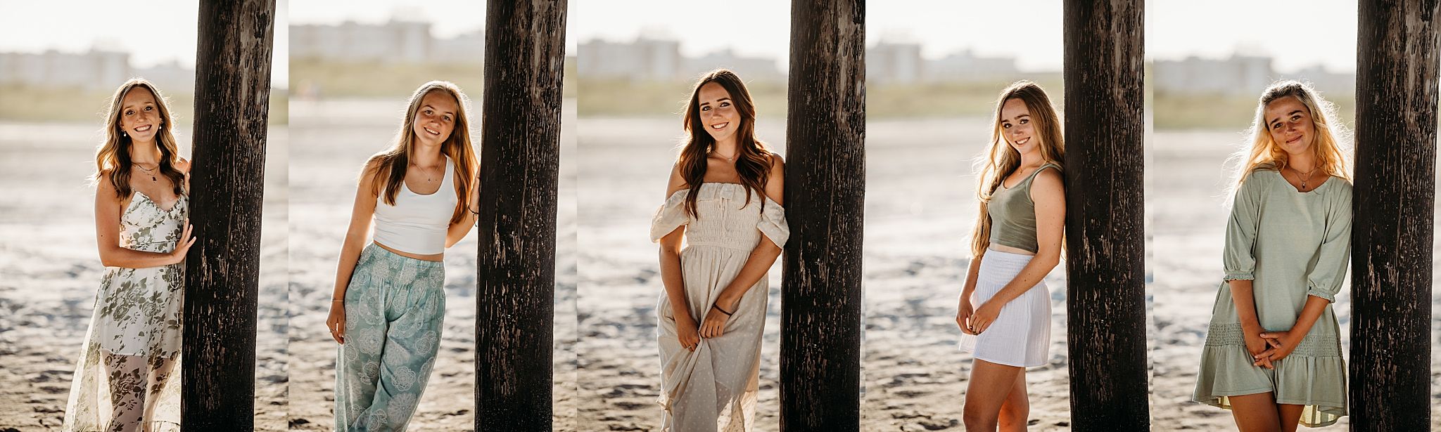 Five lifestyle portrait photos along a misty waterfront with trees showing casual outfits in soft natural lighting.