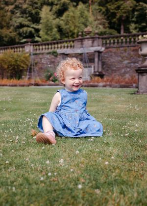 Toddler in a dress sitting on the grass. Whimsical child portrait, outdoor family photographer
