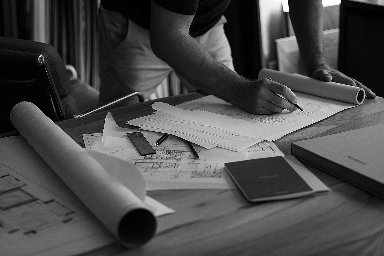 Close-up black and white photo of hands working on architectural drawings with rolled blueprints.