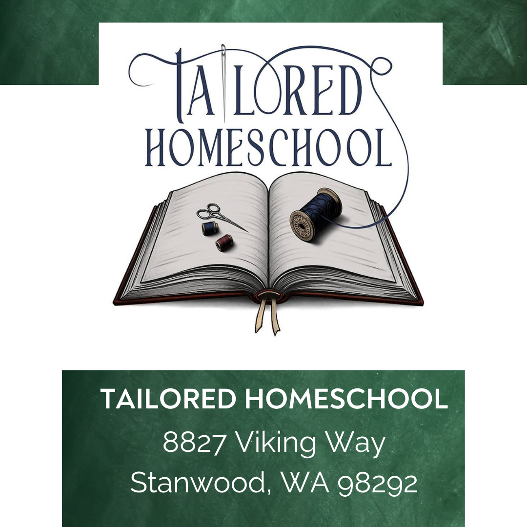 Logo design for Tailored Homeschool featuring an open book with scissors and thread on a green chalkboard background.