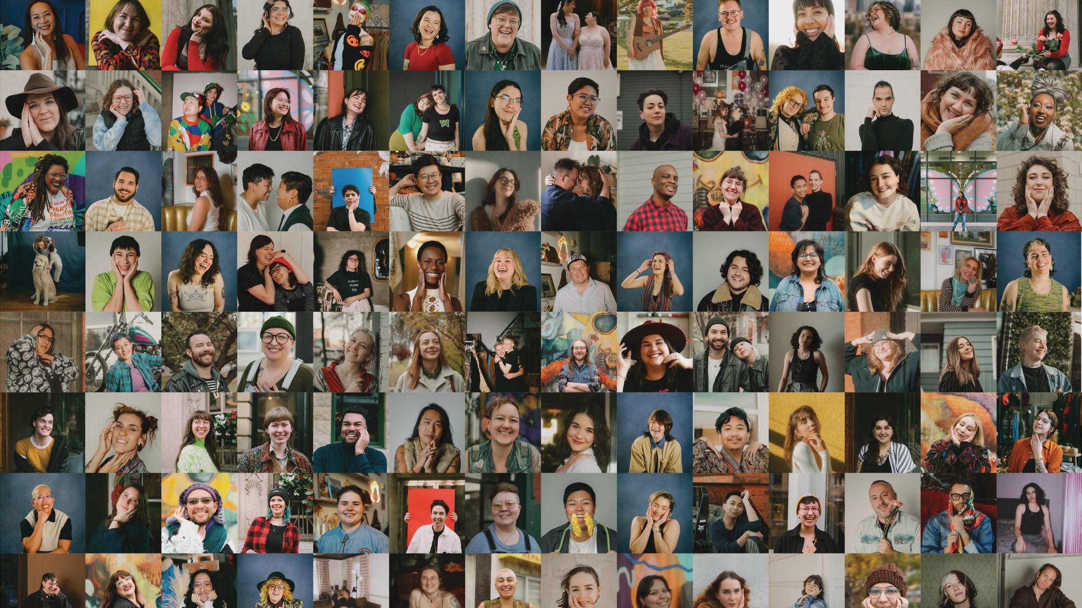 A large collage grid of video chat screenshots showing multiple people in different virtual meeting windows.