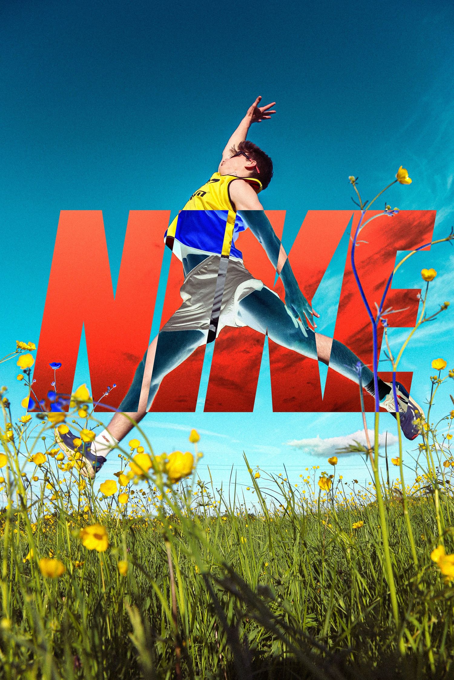 Athletic figure jumping through flower field with large Nike text overlay.