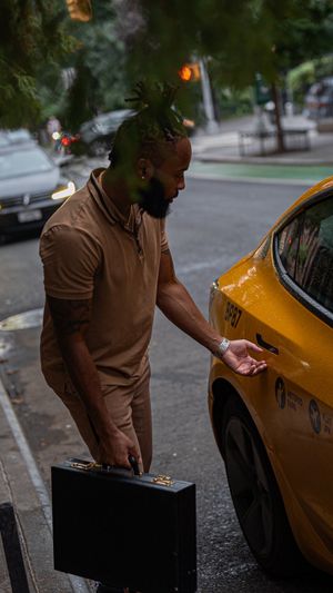 A person with a briefcase opens the door of a yellow taxi cab on a rainy city street.