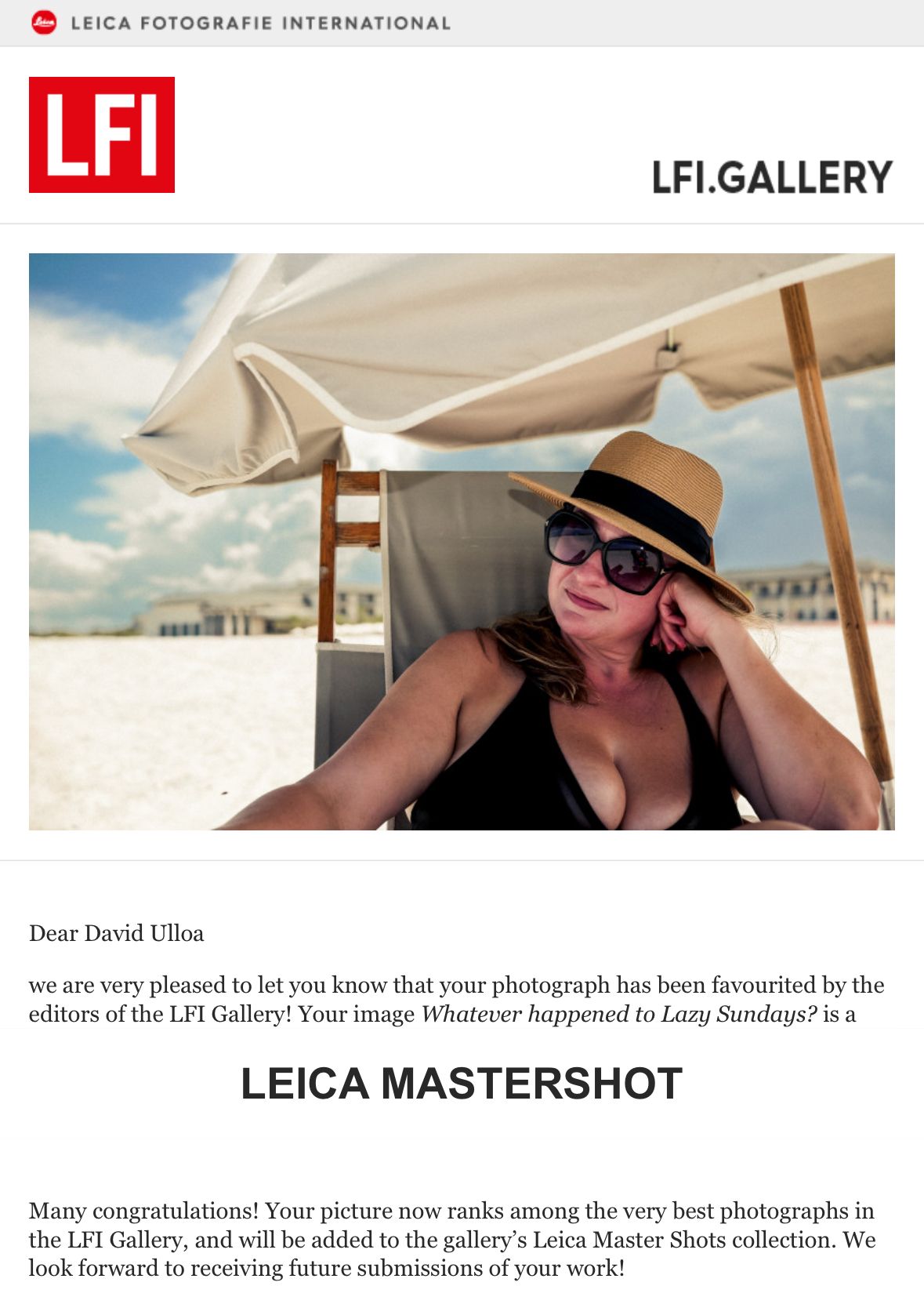 Screenshot of Leica Photography International gallery acceptance notification.