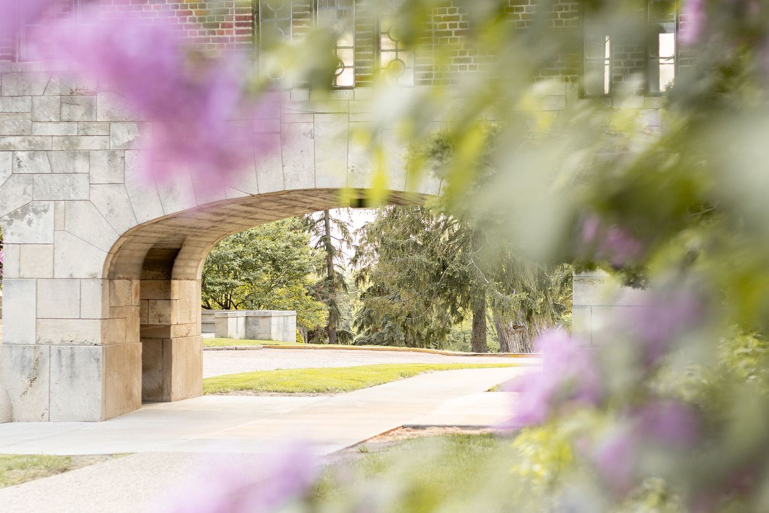 Stone archway framed by soft purple and yellow bokeh flowers in foreground.