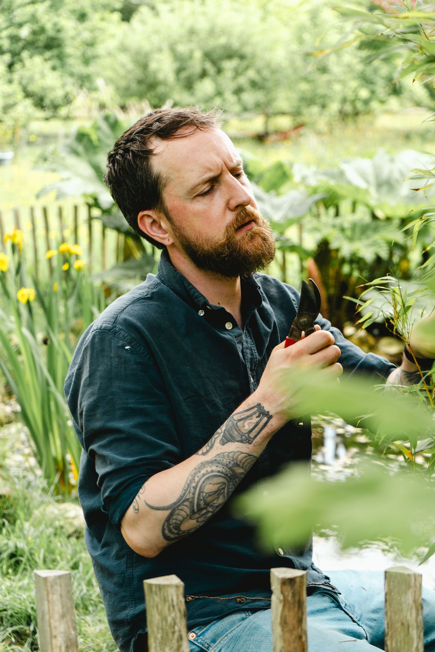 photo of a tattooed male gardener with beard amongst green plants, pruning, taken at a storytelling branding photoshoot