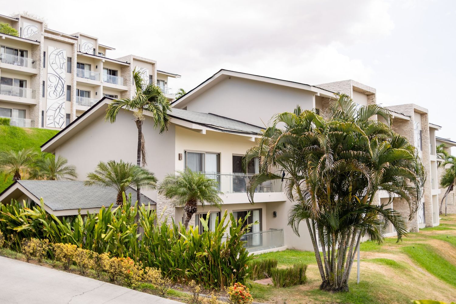Panoramic view of modern apartment buildings with palm trees and landscaping.