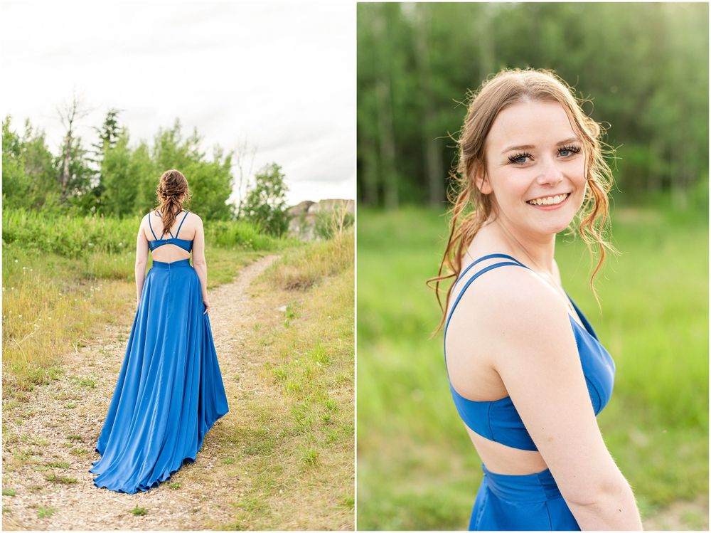 Elegant blue formal dress photos taken in natural outdoor setting.