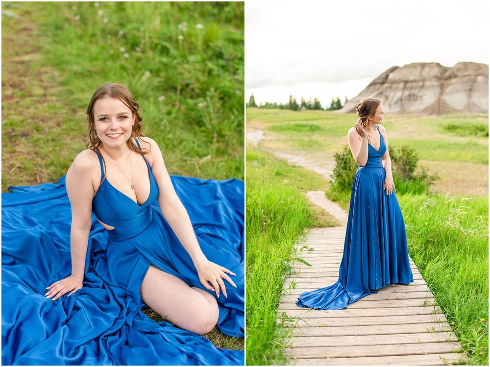 Beautiful blue formal dress photos captured in natural grassland setting.