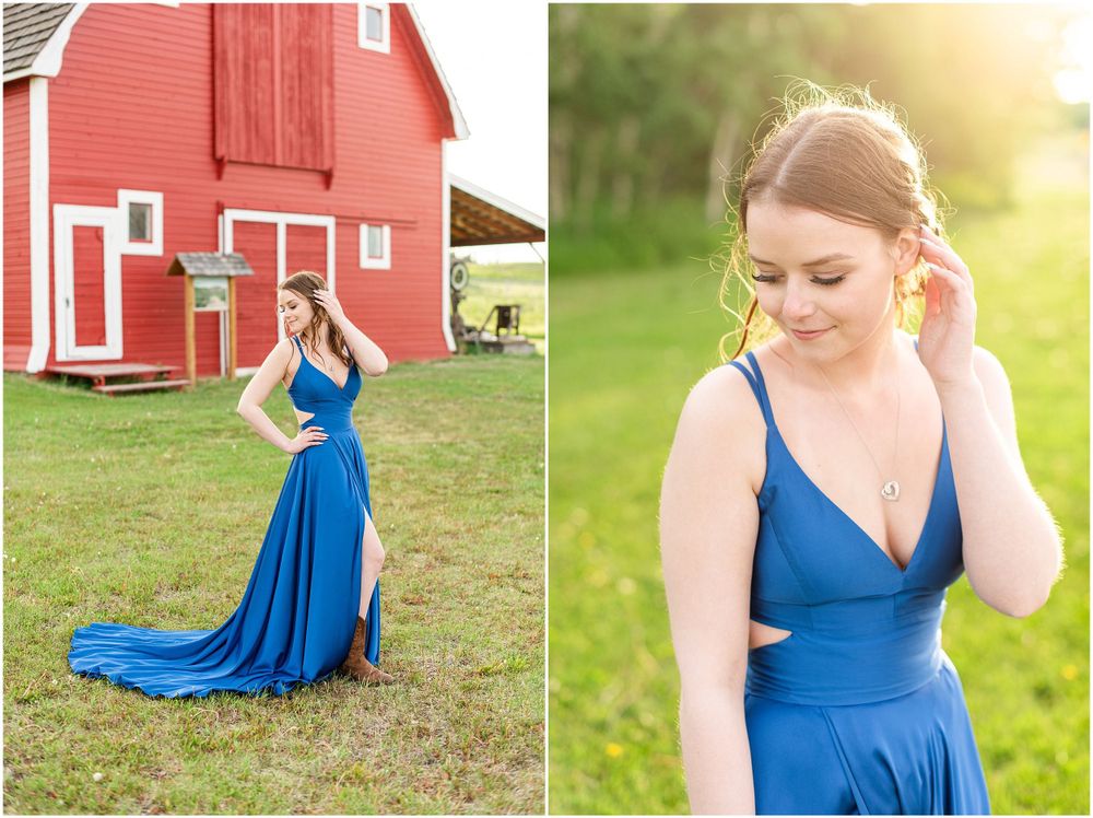 A flowing royal blue formal gown photographed against a red barn and golden sunlit background.