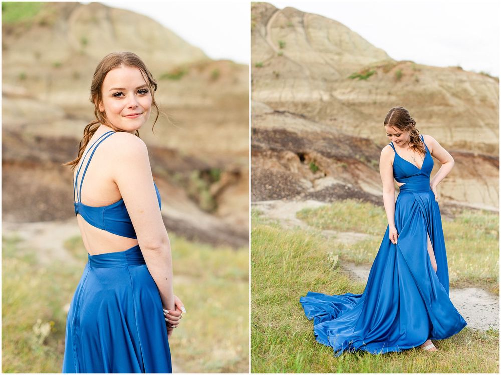 Side-by-side portraits showcasing a blue formal gown against contrasting natural landscapes.