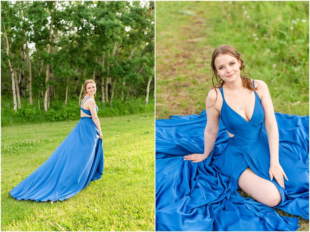 Blue formal gown photographed in two settings - wooded area and grassy meadow.
