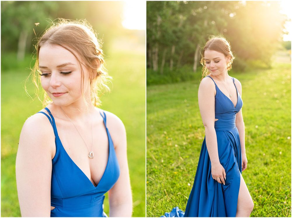 Romantic portrait shots of blue formal dress in warm evening sunlight.