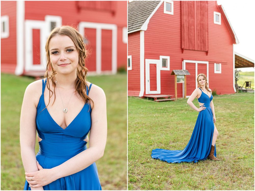 Royal blue gown contrasts beautifully against classic red barn background.