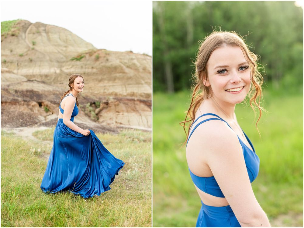 Royal blue formal dress captured in dramatic outdoor poses against natural terrain.