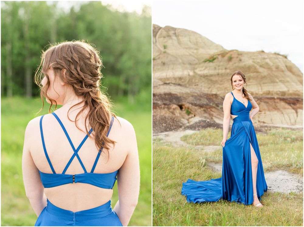 Intricate back detail of blue formal dress shown alongside full-length outdoor portrait.