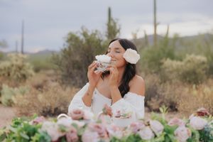 Desert tea party scene with elegant table settings and pink floral decorations.