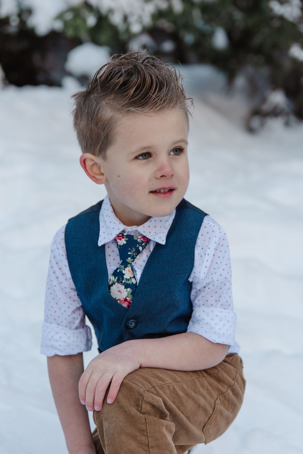 A formal portrait of a young boy in a blue vest against a snowy background.