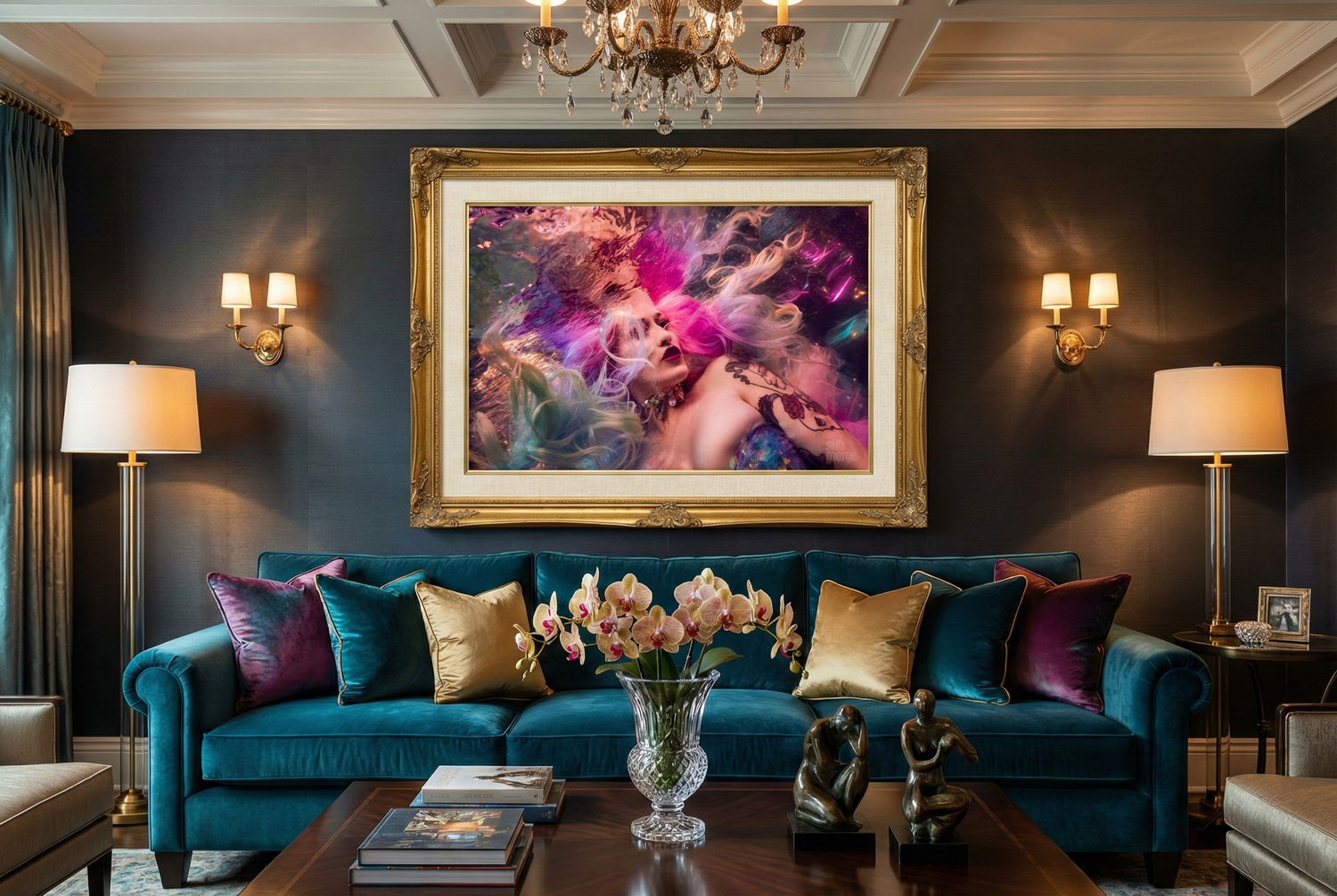 Luxurious dark living room features a teal velvet sofa, elegant chandelier, and vibrant pink artwork on charcoal walls.
