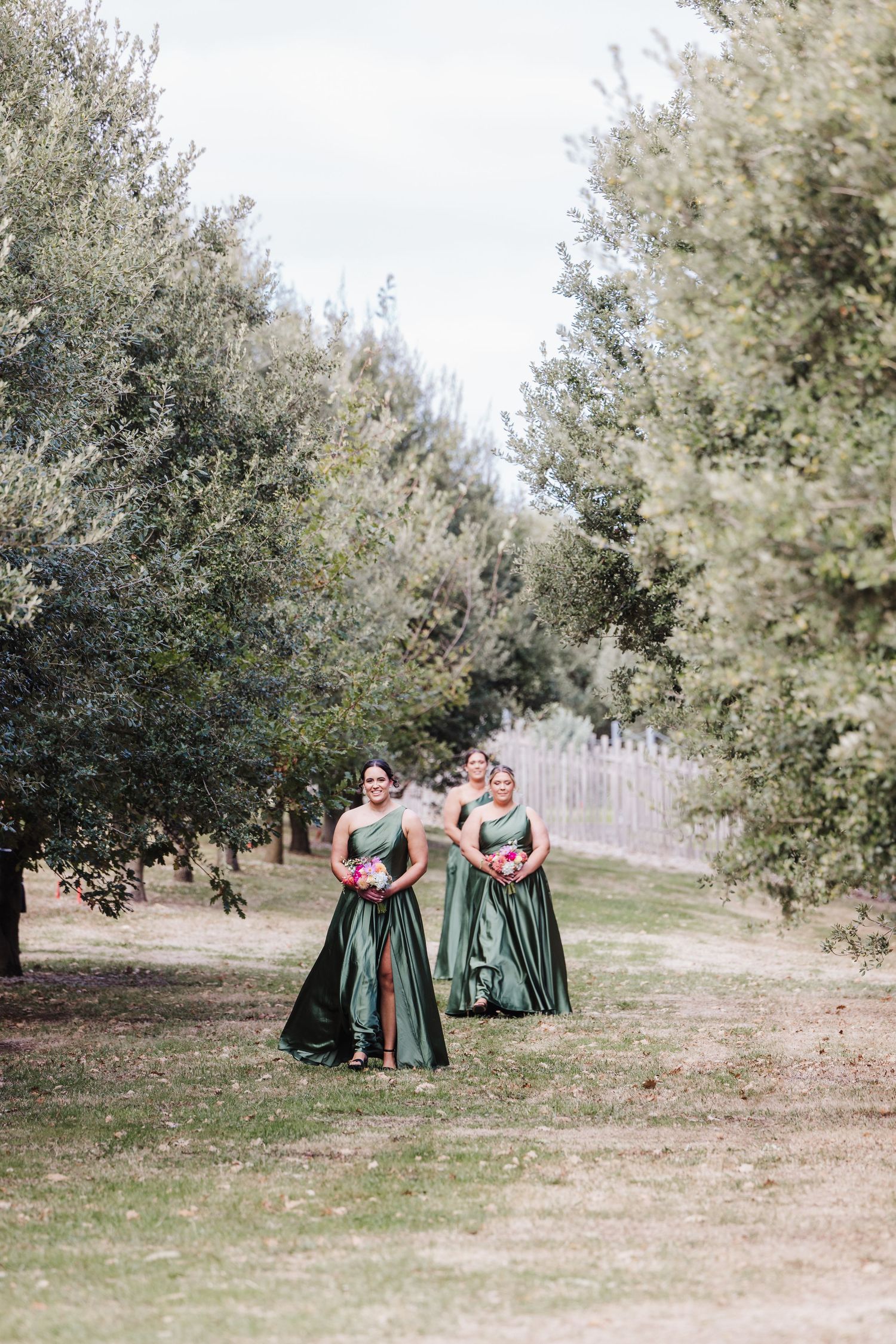 A sequence of images showing bridesmaids in emerald green dresses posing playfully in an olive grove.