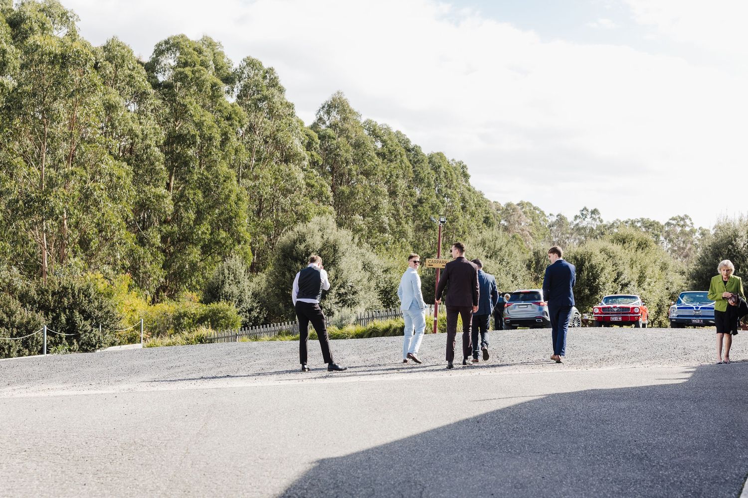 A scenic road through Australian bushland with cars parked along the side and people gathered in the distance.