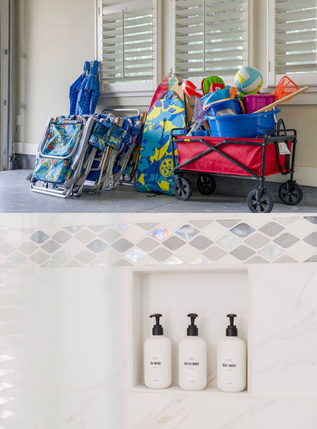Minimalist white bathroom products arranged in a row against a light neutral background.