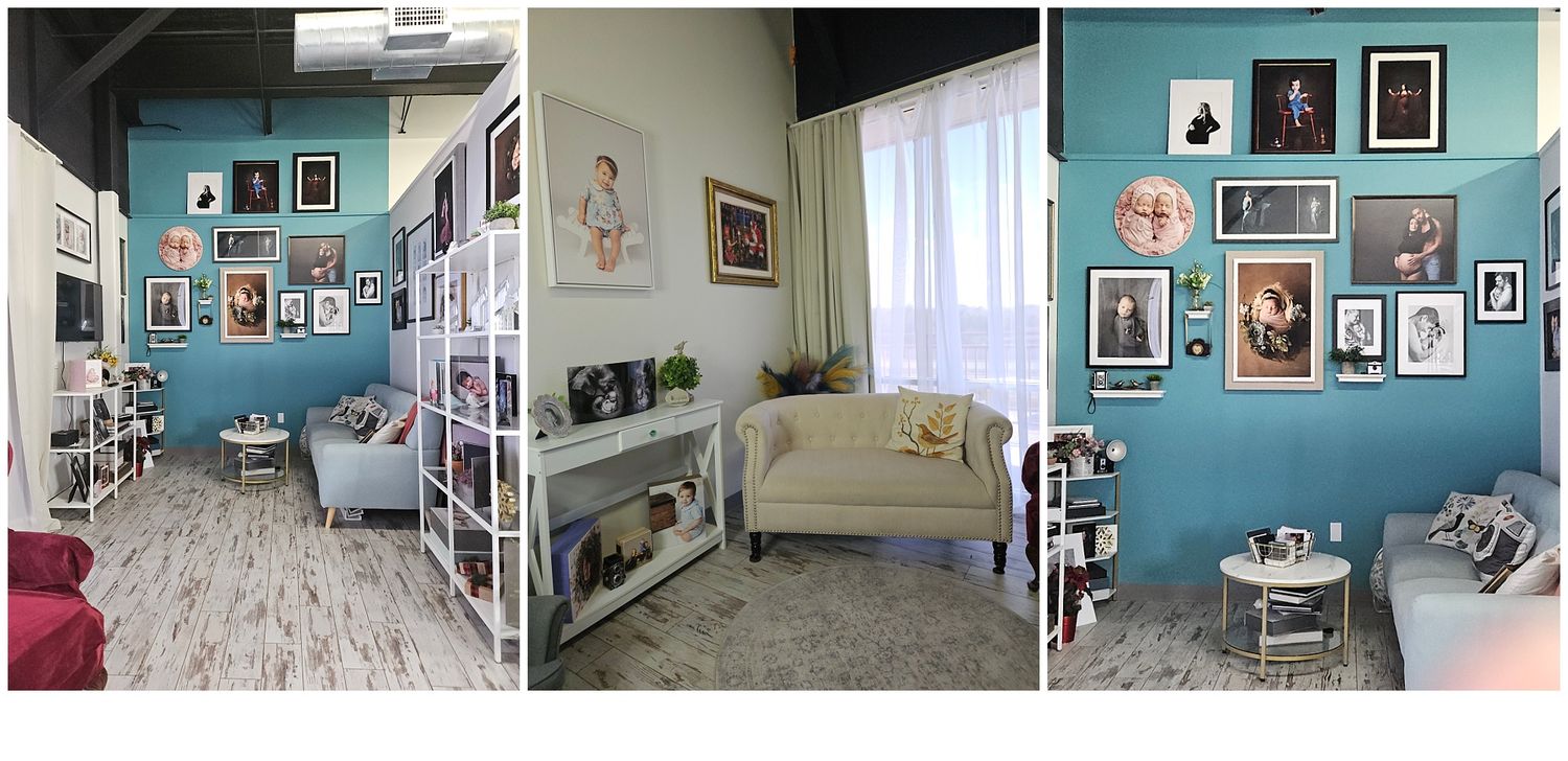 North Austin Photo Studio Seating area collage of 3 images.  Cream Wall and robin egg blue accent wall with a gallery of portraits of babys
