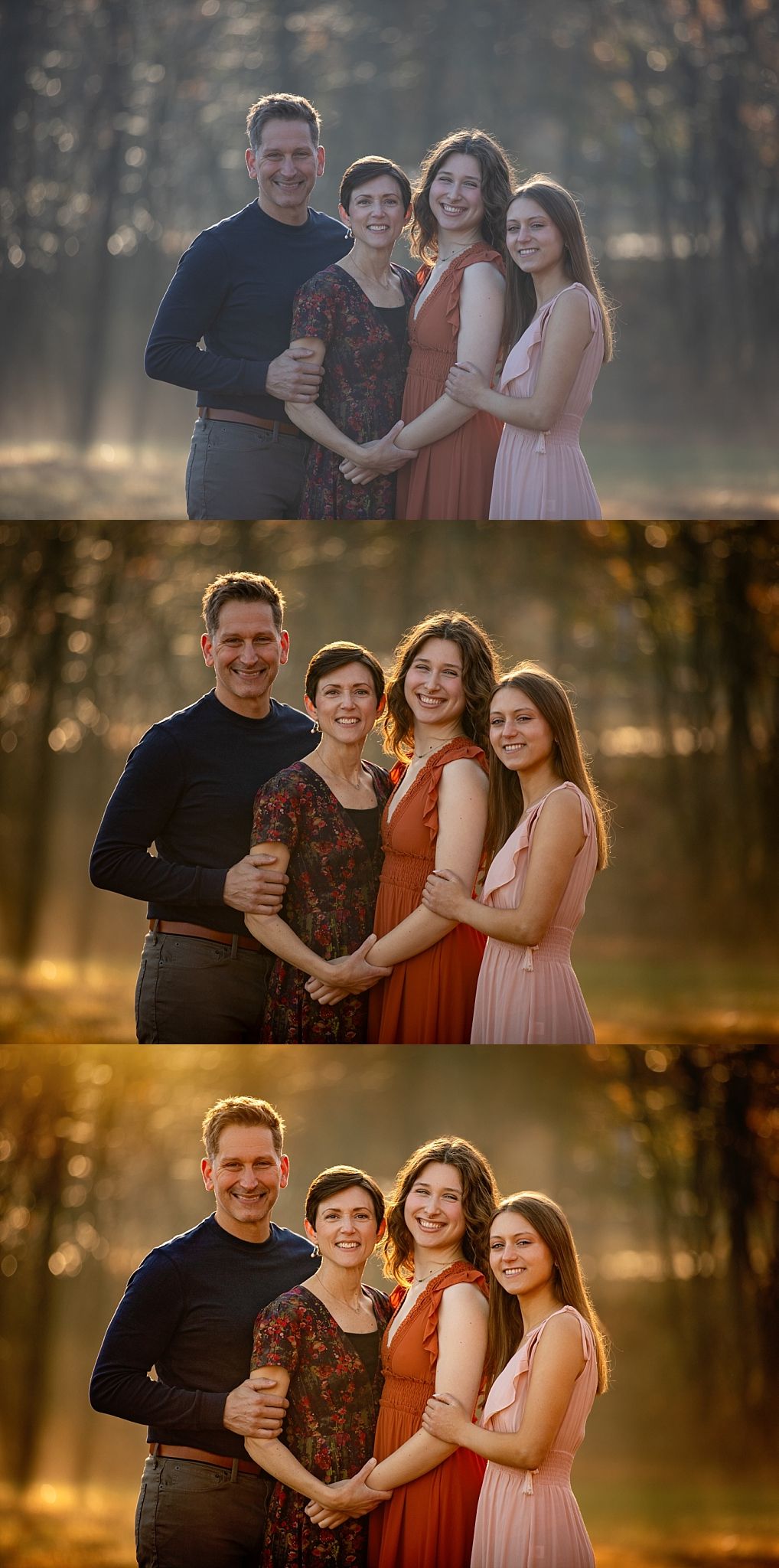A family poses together outdoors during golden hour with warm autumn lighting and coordinated outfits in rust and pink tones.