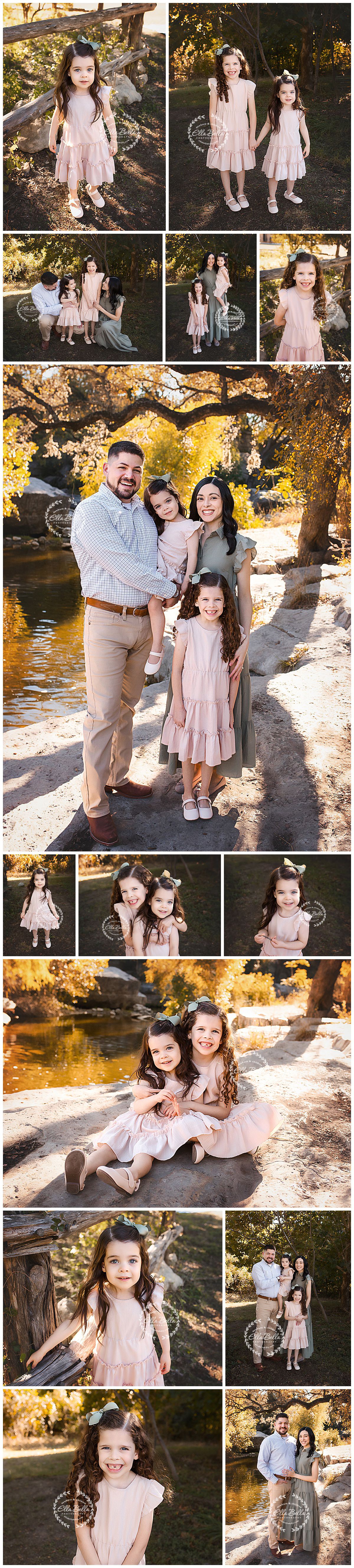 Family photo session in a park with golden autumn light reflecting off a lake as backdrop.