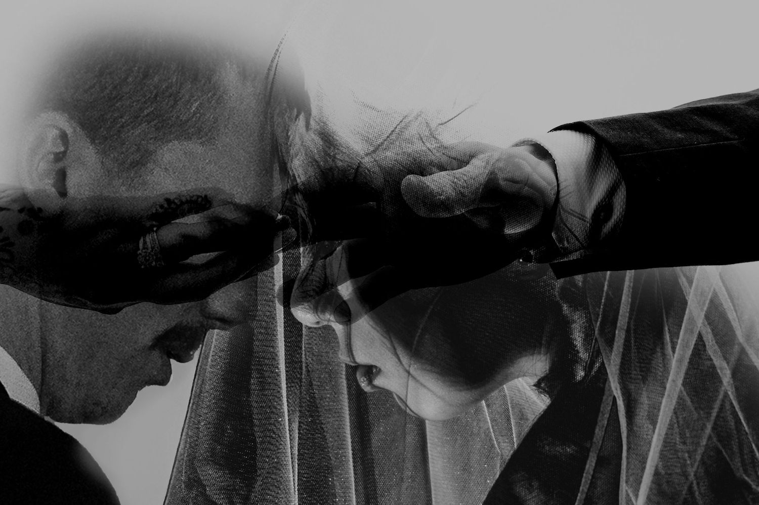 A black and white photo montage showing silhouettes of people in conversation against a dark background.