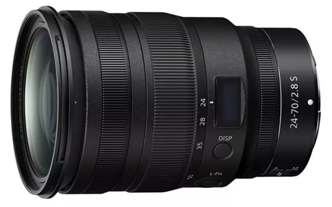 Professional camera lenses lined up in a row showing various focal lengths and aperture ranges for photography.