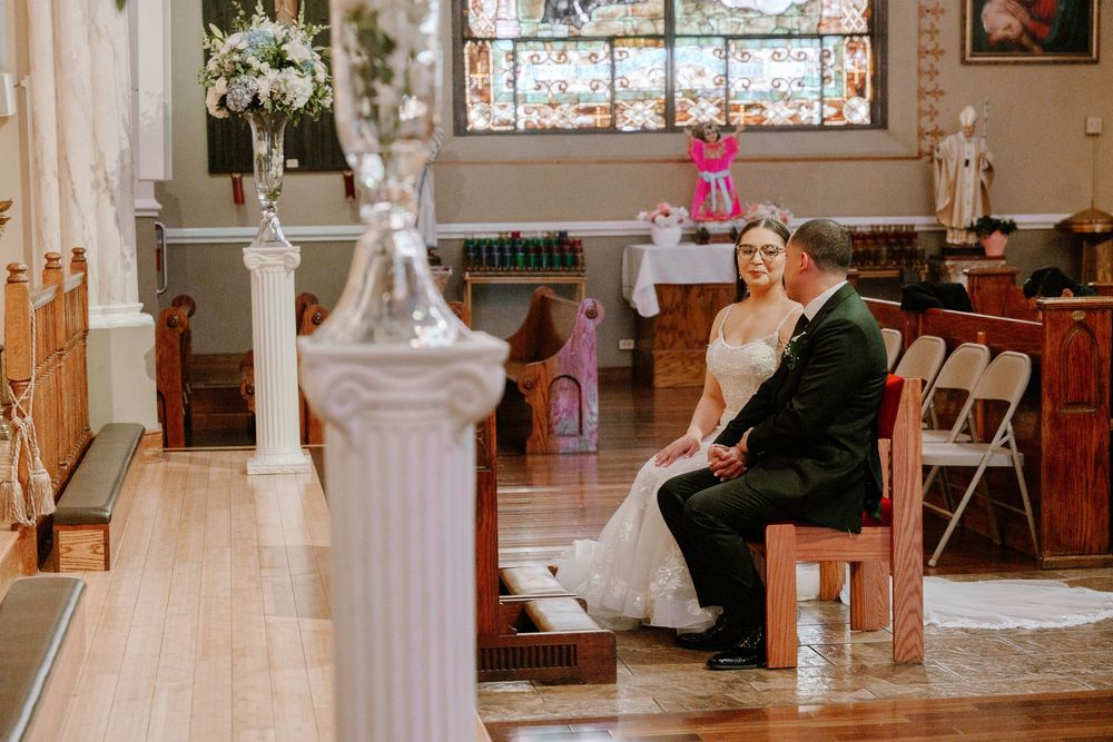 A series of photos showing a traditional church wedding ceremony with white floral decorations and stained glass windows.