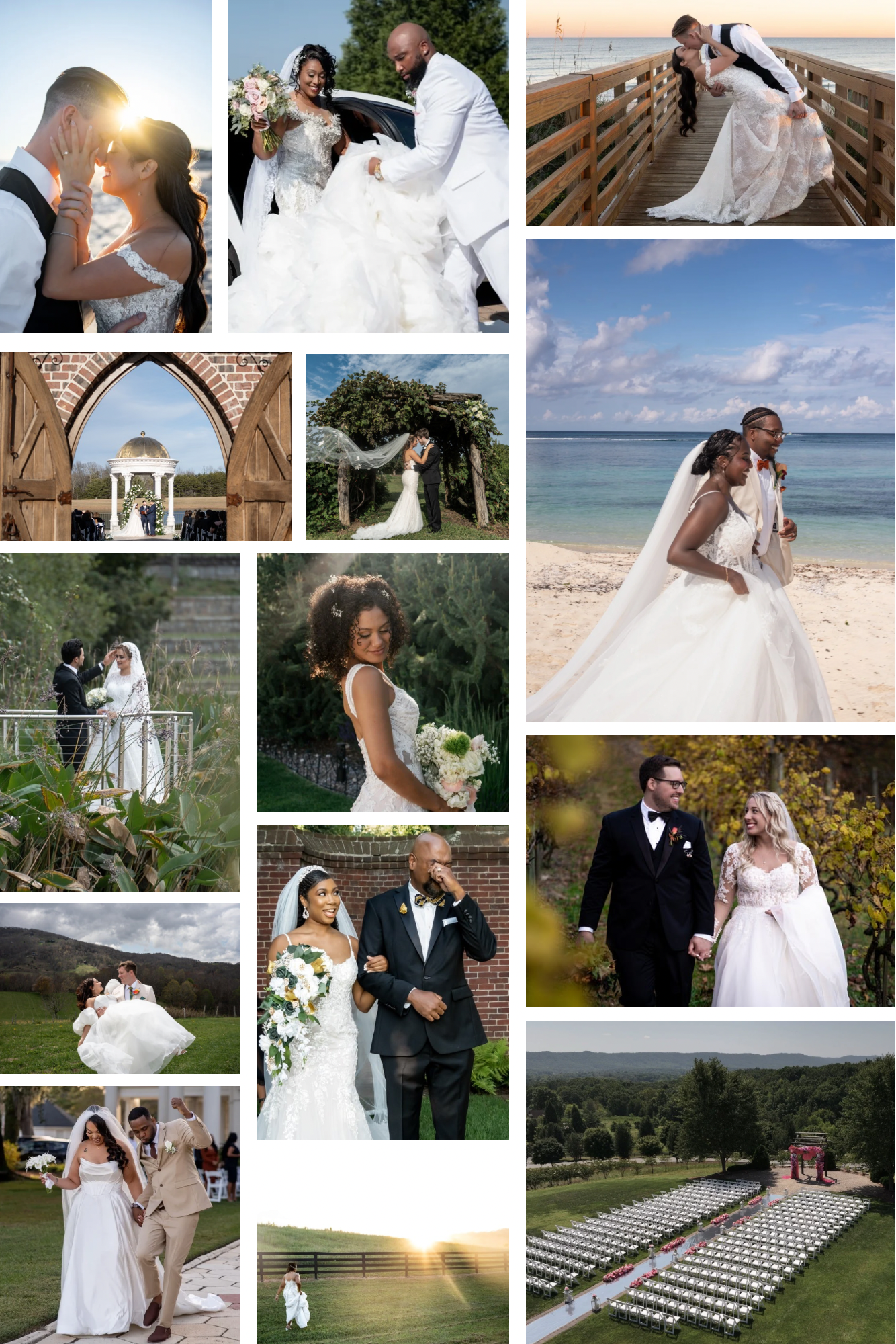 A collection of wedding photos showing romantic moments at various outdoor and indoor venues with beautiful floral arrangements.