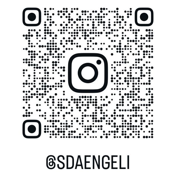Instagram QR code and username @SDAENGELI displayed in a grid pattern with dotted design elements.