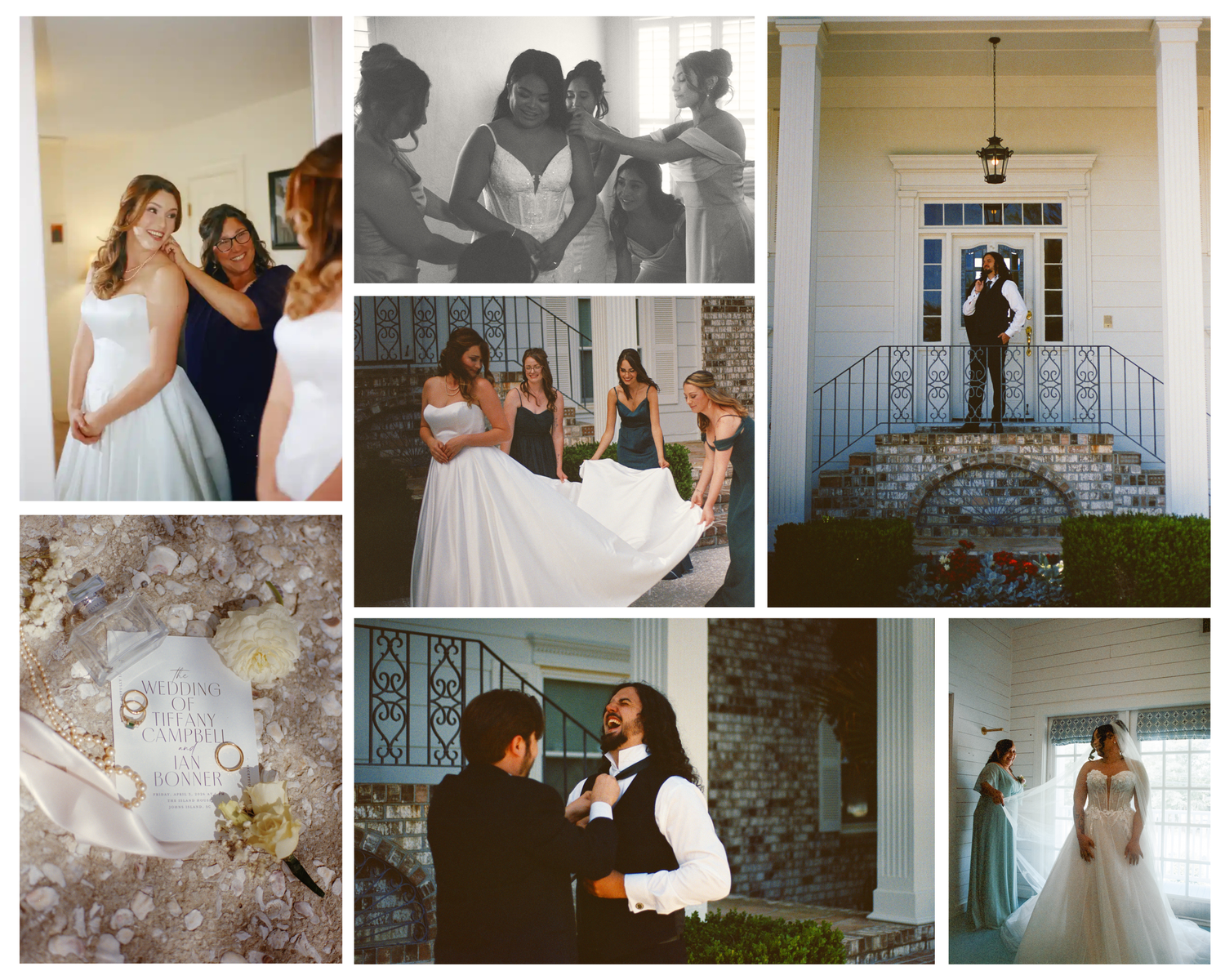 Wedding party in light blue bridesmaid dresses dancing and celebrating together at outdoor reception.