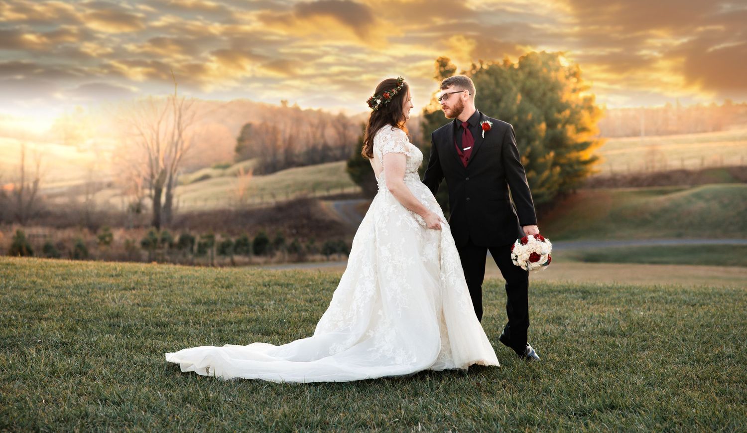 Wedding Photo of Bride and Groom at Golden Hour.
