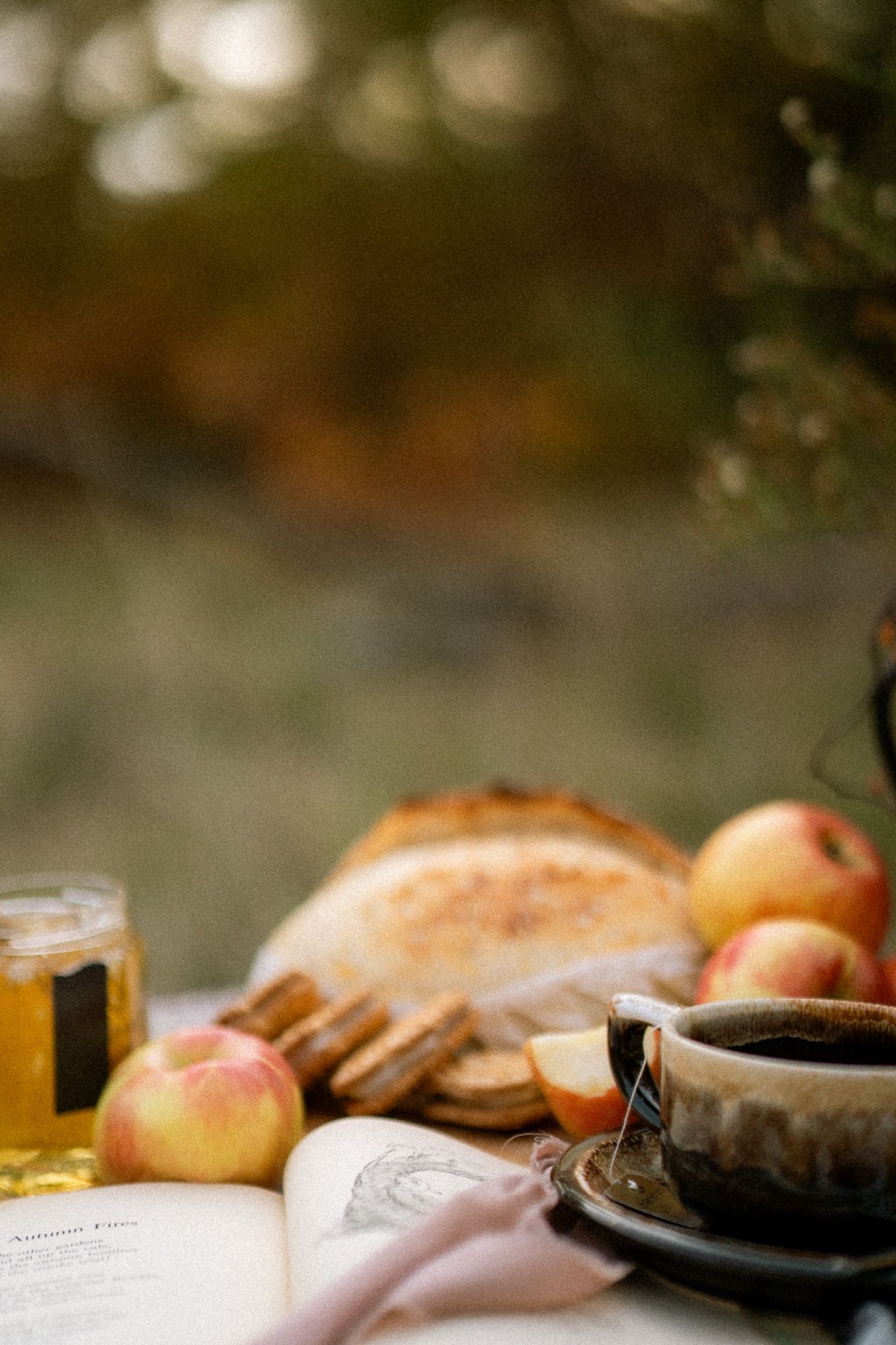 Fresh baked pastries and apples arranged on rustic plates with soft natural lighting creating a cozy autumn atmosphere.