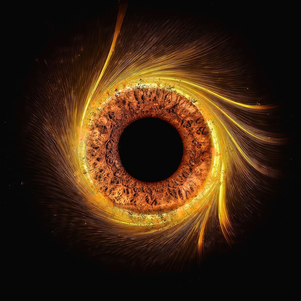 A series of abstract golden spiral formations with dark centers against black backgrounds creating a cosmic effect.