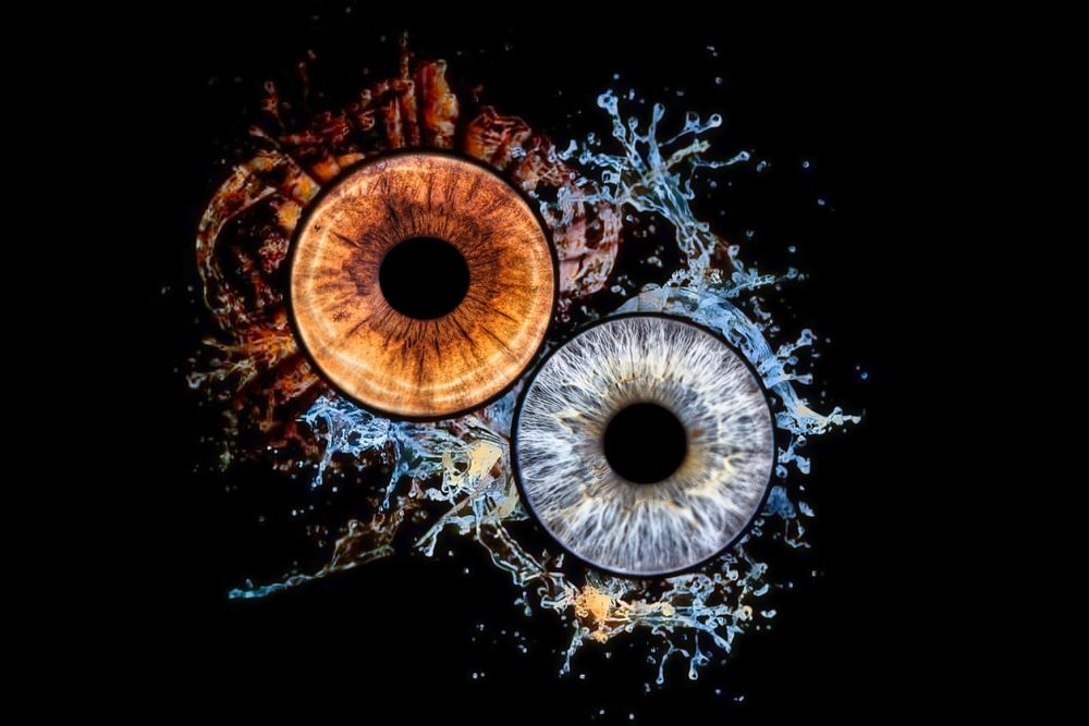 A series of macro eye iris photographs with dramatic water splash effects creating artistic abstract patterns in orange and blue.