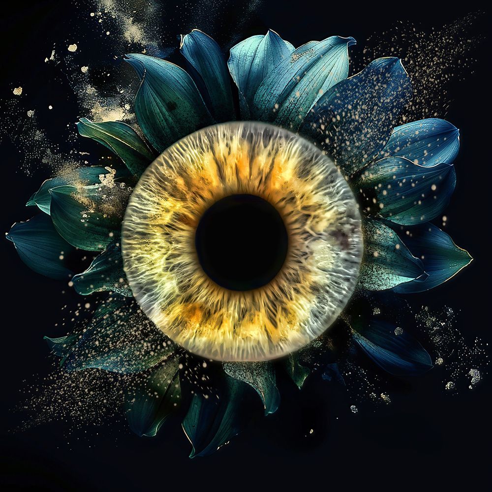 Artistic composite of a human eye with golden iris surrounded by teal flower petals and sparkling particles in darkness.
