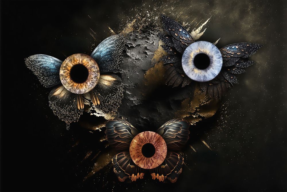 Abstract digital art showing ethereal iris patterns with golden and blue tones against a dark background.