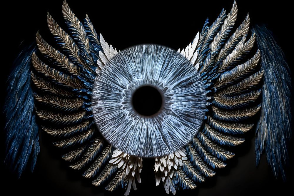 Abstract digital art sequence showing metallic wings spreading around a glowing center in dark blue background.