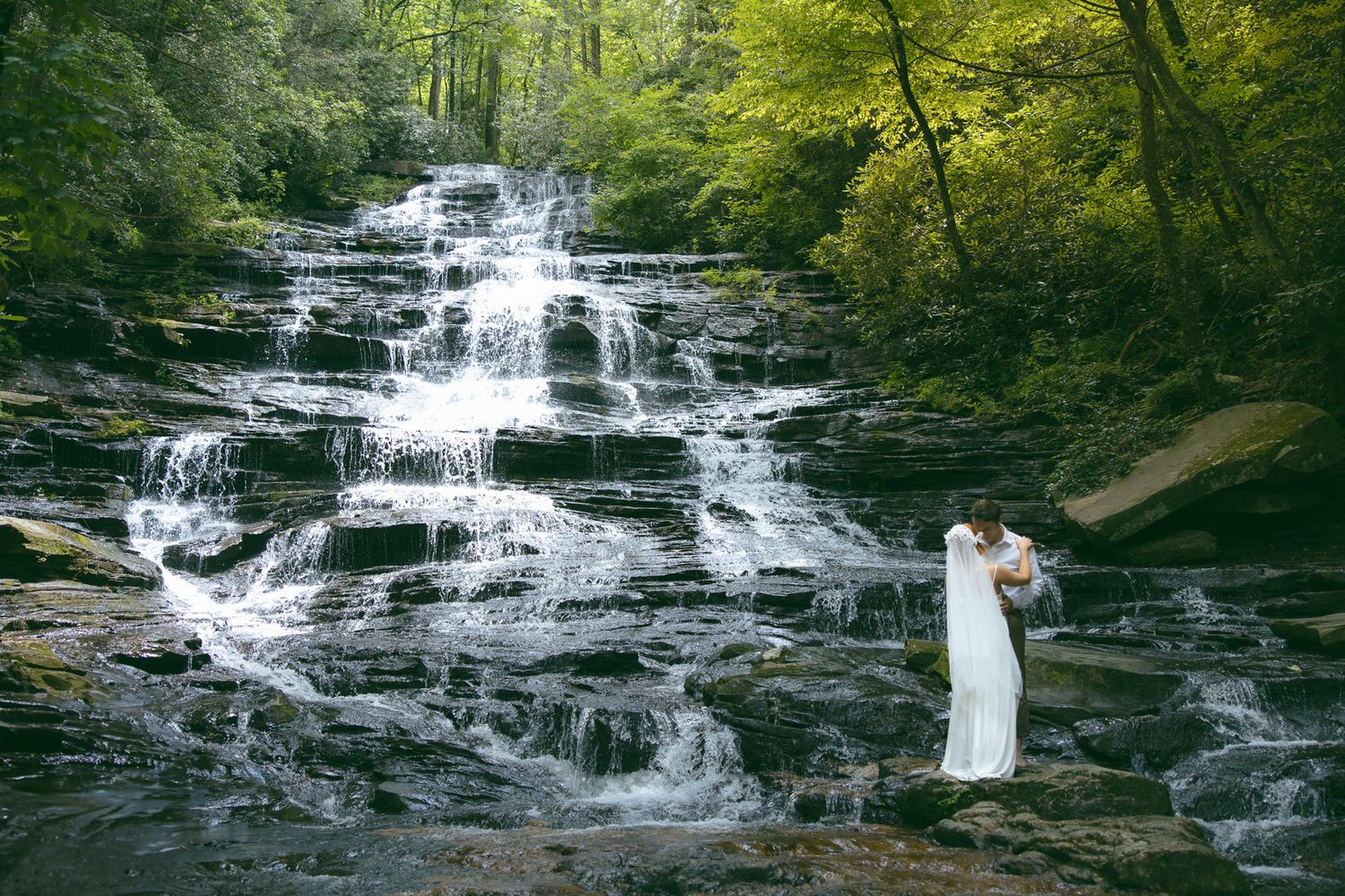 ASheville NC Waterfall elopement bridal portrait wedding dress adventure couple WNC mountain wedding elope