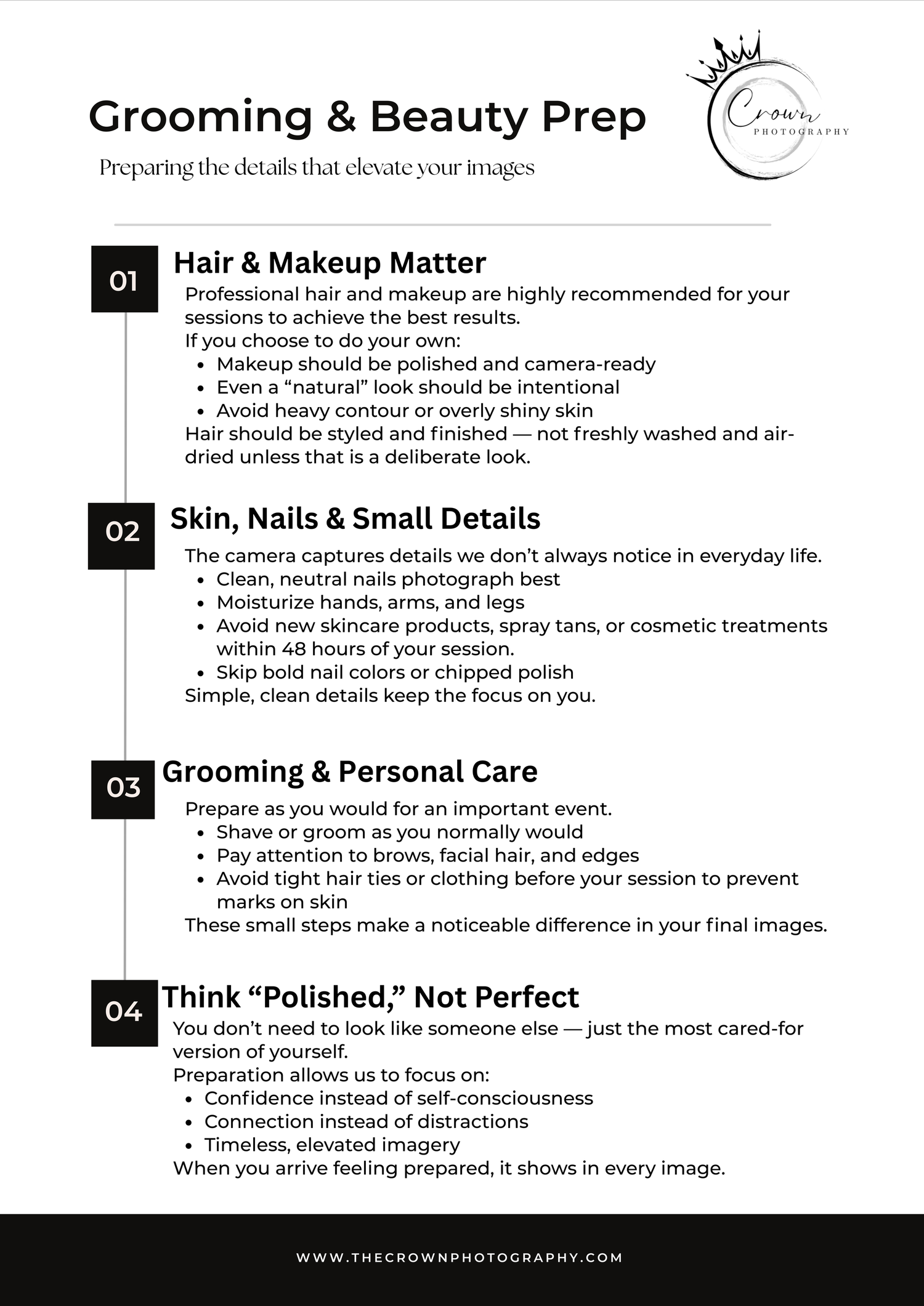 Professional grooming and beauty preparation guide showing black text on white background with numbered sections and tips.