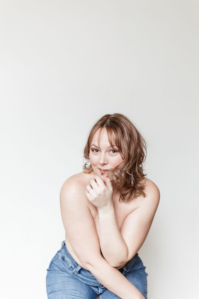 Artistic portrait series in soft lighting showing different poses against a white background wearing denim.