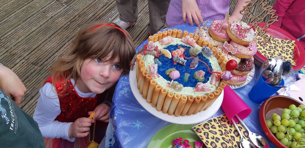 A festive birthday party table with a decorated cake, grapes, and snacks laid out on a wooden deck.