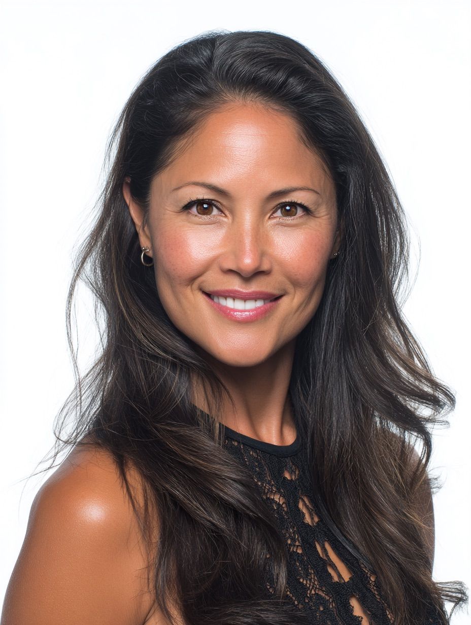 Professional headshot portrait of someone with long dark hair and a bright smile wearing a black lace top against white background.