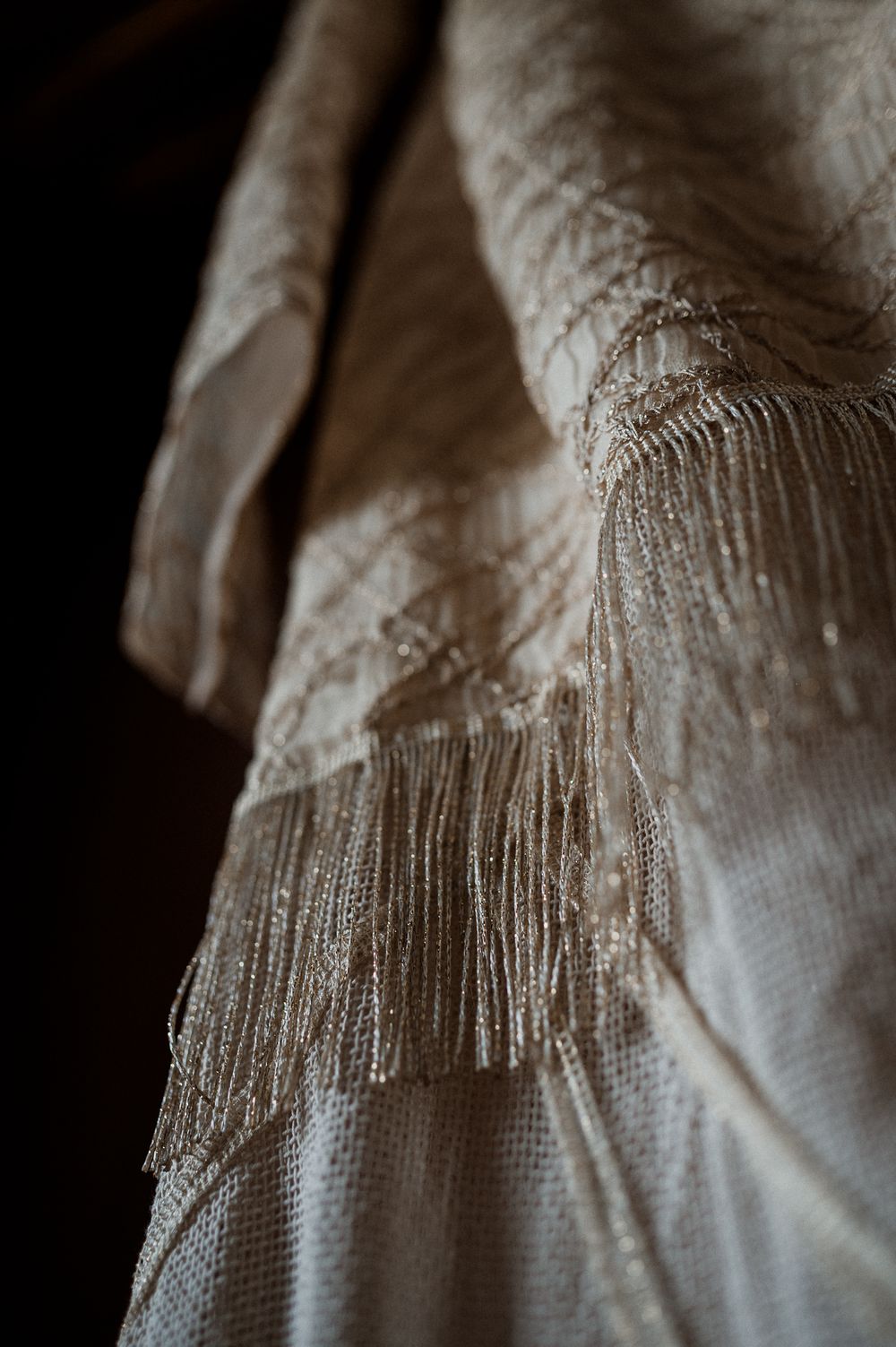 Close-up detail shots of delicate white fringe trim on a vintage-style dress or garment.