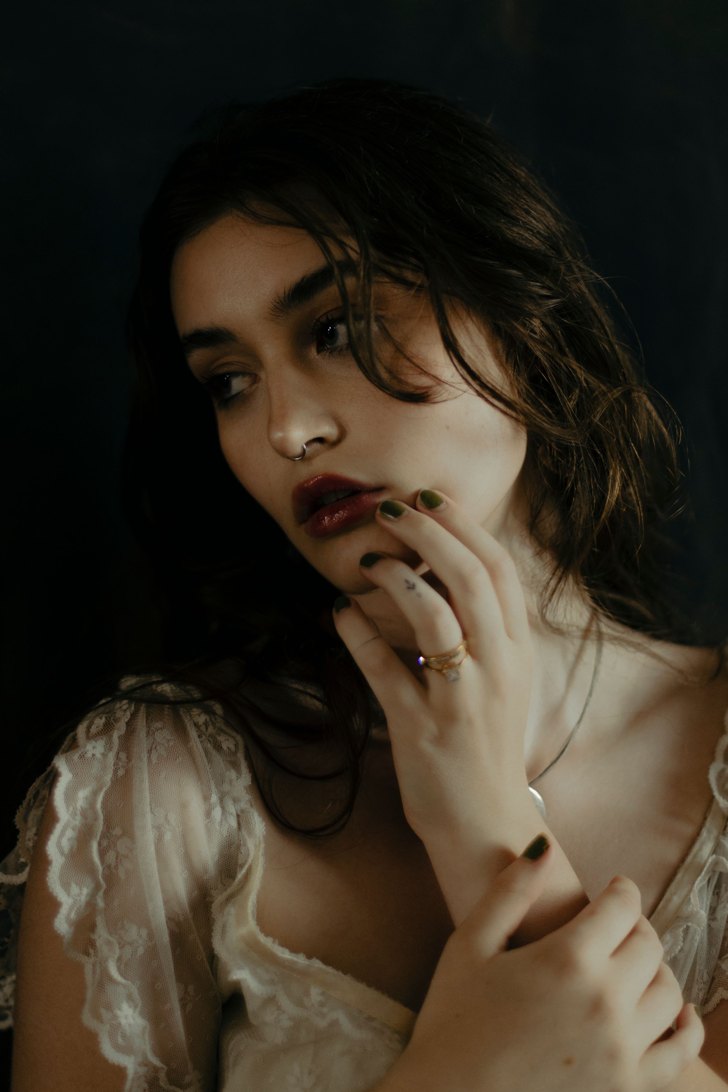 A moody boudoir photoshoot series featuring dramatic lighting and romantic vintage-inspired styling.