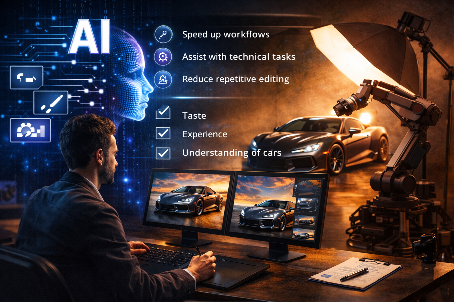 Futuristic AI technology concept banner showing digital interfaces and robotic elements against a blue and orange backdrop.
